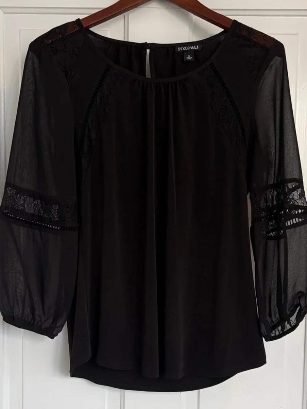 Roz & Ali Black Lace-Inset Sheer Sleeve Blouse